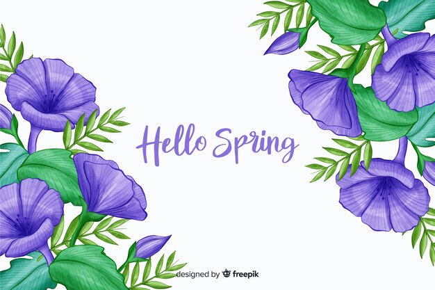 보라색 안녕하세요 봄 따옴표와 보라색 꽃