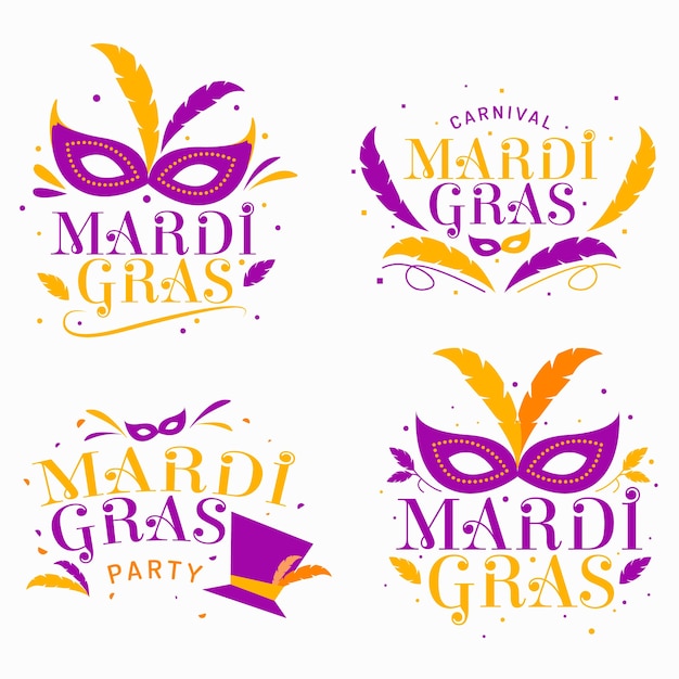 Vettore gratuito collezione di etichette mardi gras viola e dorate