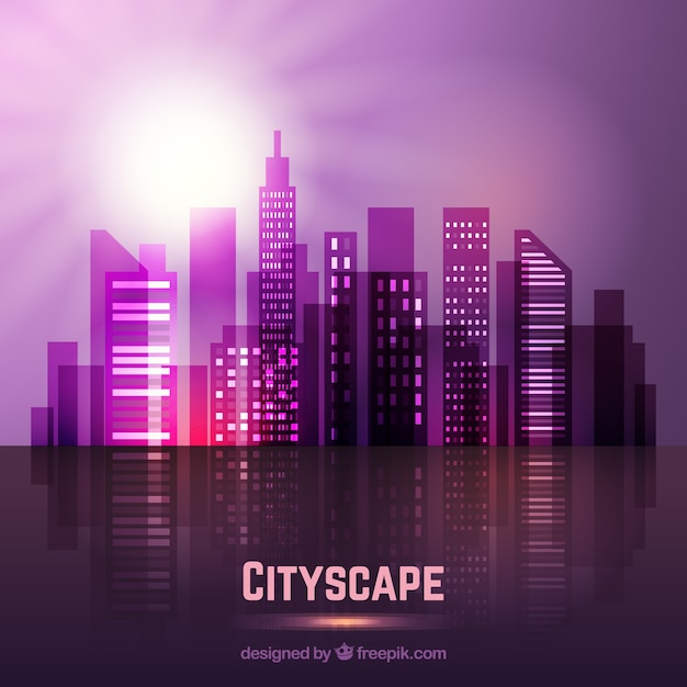 Фиолетовый современный город с ярким солнцем фоне