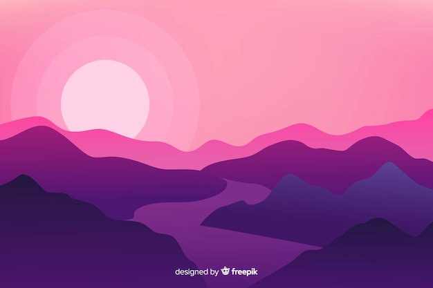 山と川と紫の日没