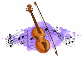 Free vector violin classical music instrument with melody symbols on purple splotch