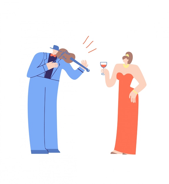 Violinist and Pretty Woman Flat Cartoon Characters