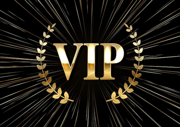 Vip golden label with laurel wreath and rays on a black background