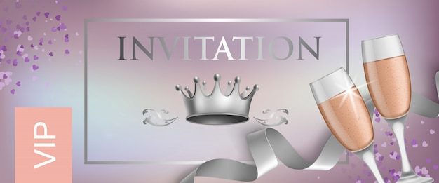 Vip invitation lettering with crown and goblets with champagne