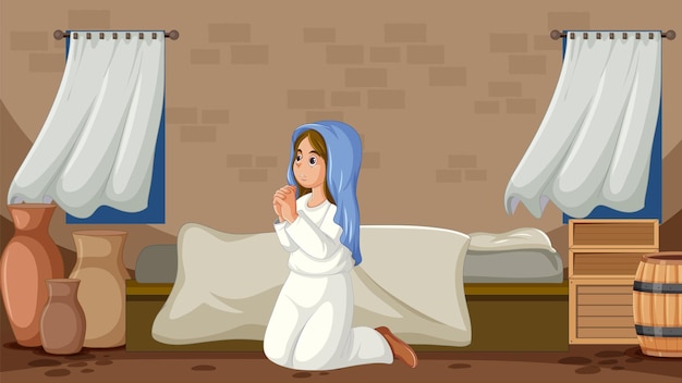 バージン・マリアの漫画キャラクターがキリスト誕生の場面で祈っている