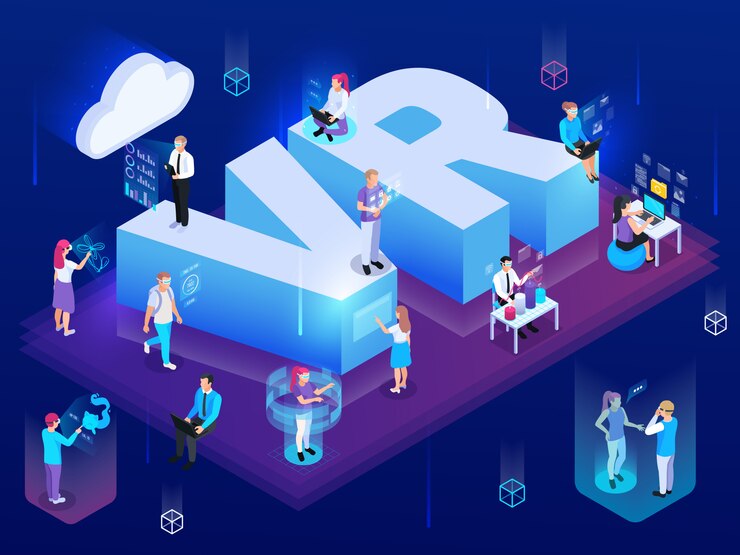 Free Vector virtual augmented reality 360 degree isometric composition of people with hi-tech pictogram and text vector illustration
