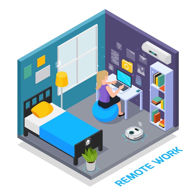 Free vector virtual augmented reality 360 degree isometric composition with view of domestic bedroom interior with electronic devices vector illustration