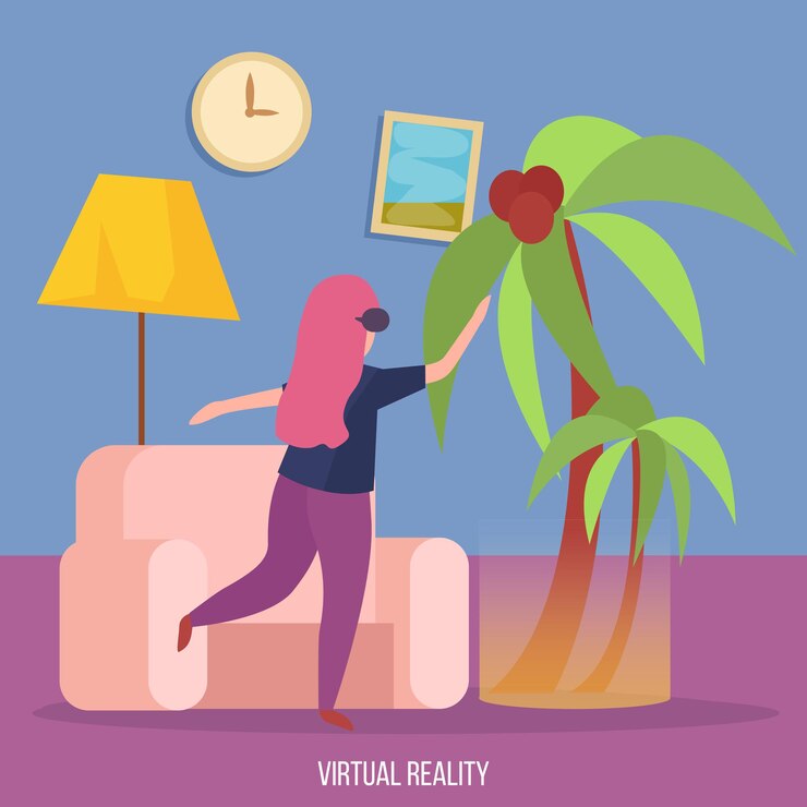 무료 Vector 가상 증강 현실 경험 손바닥 벡터 그림 아래에서 춤추는 vr 안경을 쓴 젊은 여성과 직각 배경