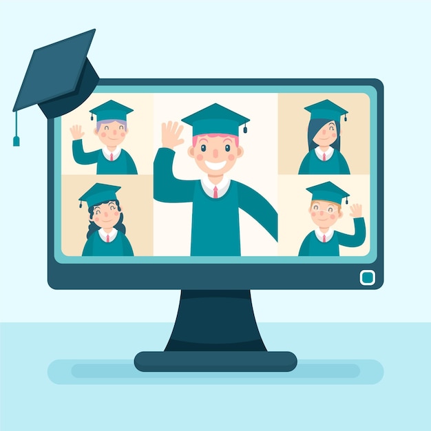 Virtual graduation ceremony with computer