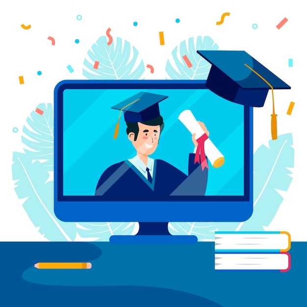Virtual graduation ceremony with confetti and computer