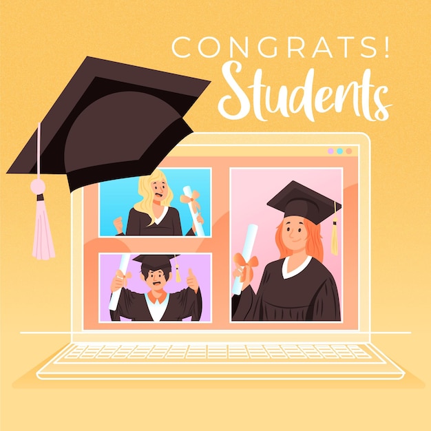 Free vector virtual graduation ceremony with laptop and students