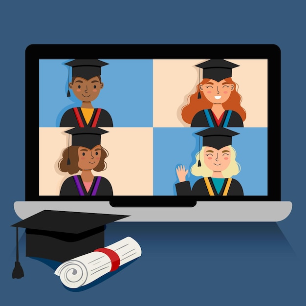 Free vector virtual graduation ceremony with laptop