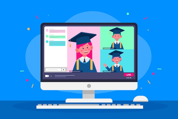 Free vector virtual graduation ceremony with students