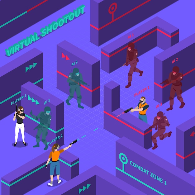 Virtual gun battles isometric illustration