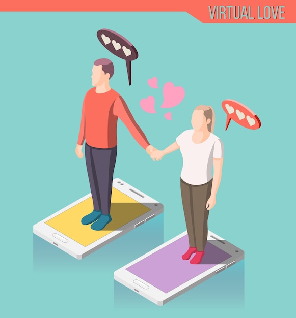 Изометрическая композиция виртуальной любви, мужчина и женщина стоят на экране смартфона и держатся за руки