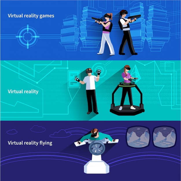 Mondo artificiale di realtà virtuale 3 banner orizzontali piatti con giochi militari e abstra volante