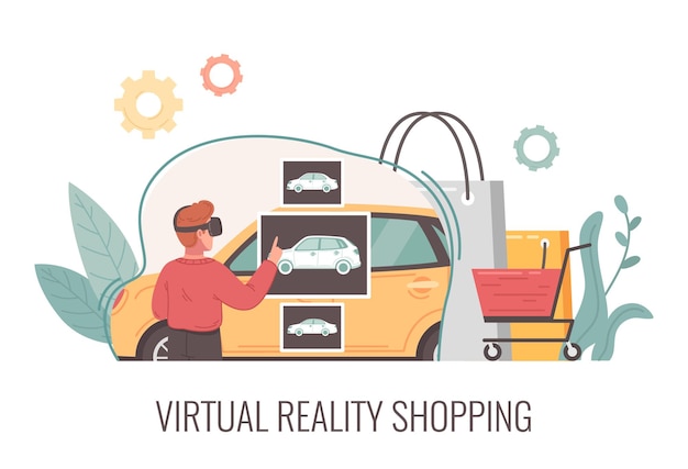 Free vector virtual reality cartoon concept with man in vr headset choosing car vector illustration