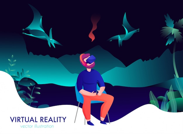 Virtual reality composition with man in goggles watching flying dinosaurs cartoon