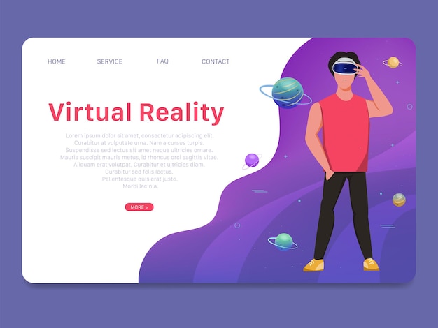 Vettore gratuito concetto di realtà virtuale con un uomo che indossa una pagina di destinazione degli occhiali per la realtà virtuale