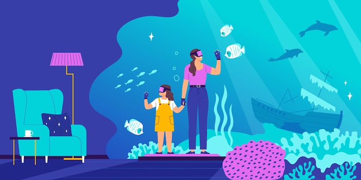 Free Vector virtual reality flat composition with mother and her child observing underwater world by augmented reality glasses vector illustration