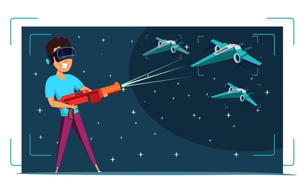 Illustrazione di gioco in realtà virtuale adolescente eccitato nel personaggio dei cartoni animati con cuffia vr ragazzo nel cyberspazio che gioca a sparatutto videogioco intrattenimento digitale innovazione ricreazione moderna