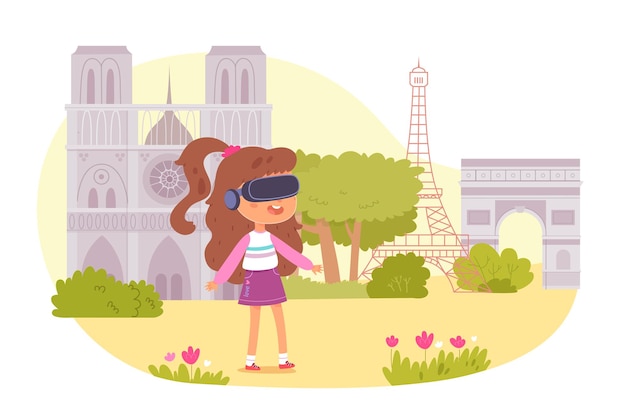 Vettore gratuito viaggio in realtà virtuale del personaggio di una bambina con occhiali vr che viaggiano in europa simulazione online di famosi monumenti della città esperienza di viaggio digitale isolata su bianco