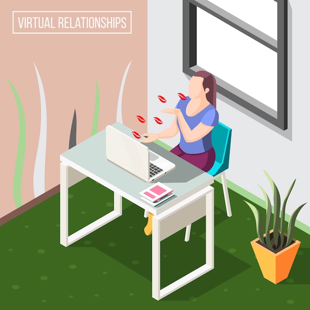 Изометрический фон виртуальных отношений с женщиной, отправляющей воздушные поцелуи с помощью видеокамеры на ноутбуке