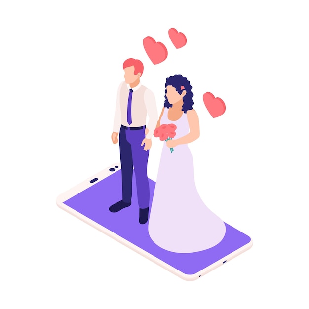 Изометрическая композиция виртуальных отношений онлайн-знакомств с женихом и невестой, стоящими поверх смартфона