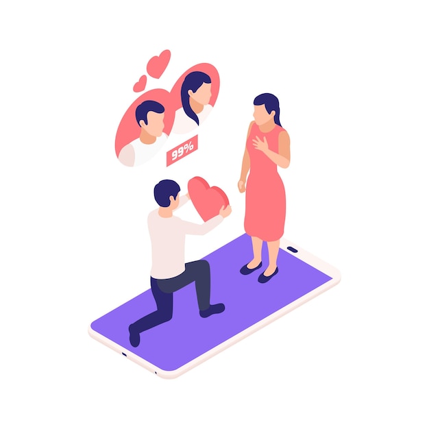 Free vector virtual relationships online dating isometric composition with man giving heart to woman on top of smartphone  illustration