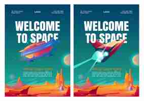 Free vector virtual space travel posters with spacecraft