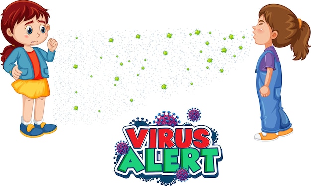 Шрифт Virus Alert в мультяшном стиле с девушкой, смотрящей на чихающую подругу, изолированную на белом фоне