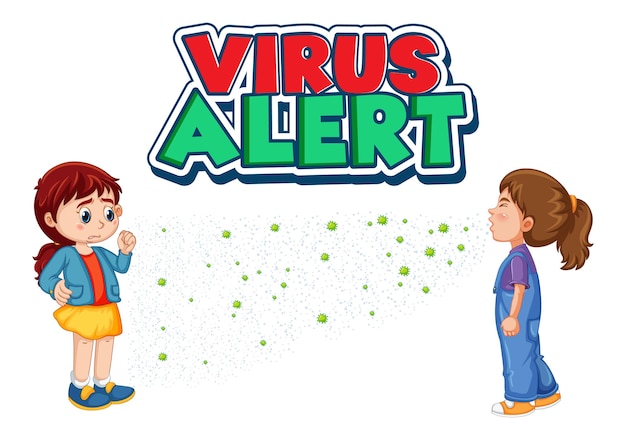 Virus alert font design with a girl looking at her friend sneezing isolated on white background