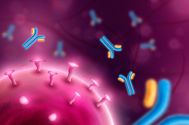 Virus particles interacting with antibody molecules - background