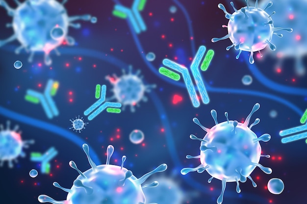 Virus particles interacting with antibody molecules