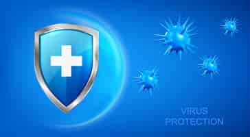 Бесплатное векторное изображение Фон защиты от вирусов с щитом и бактериями, летающими на синем фоне