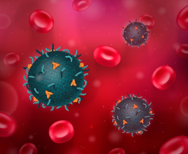 カラフルなウイルスバクテリアと赤血球が赤い液体に浮かんでいるウイルスの現実的な構成