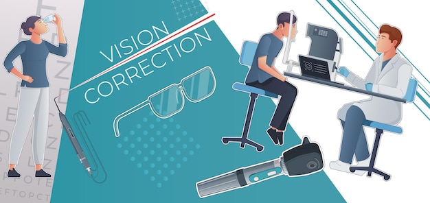 Free vector vision correction flat collage with oculist doing vision test and man doing prevention of eye diseases vector illustration