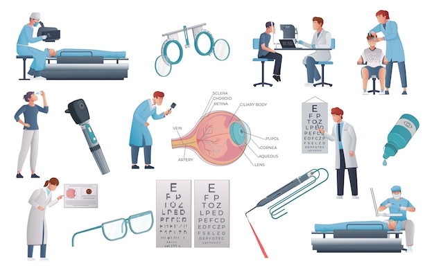 Set di icone piatte per la correzione della vista di pazienti medici e attrezzature per l'illustrazione vettoriale isolata di chirurgia laser