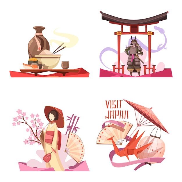 Free vector visit japan retro cartoon compositions