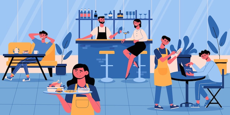 Free Vector visitors sit in the cafe while the bartender makes a cocktail and the waitress brings food vector illustration