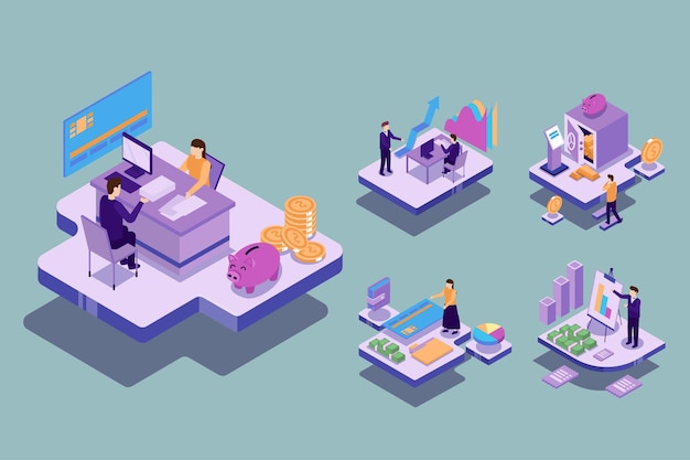 Free vector visual with young businessman and woman have meeting plan to work and create finance target. technology working concept, isometric illustration