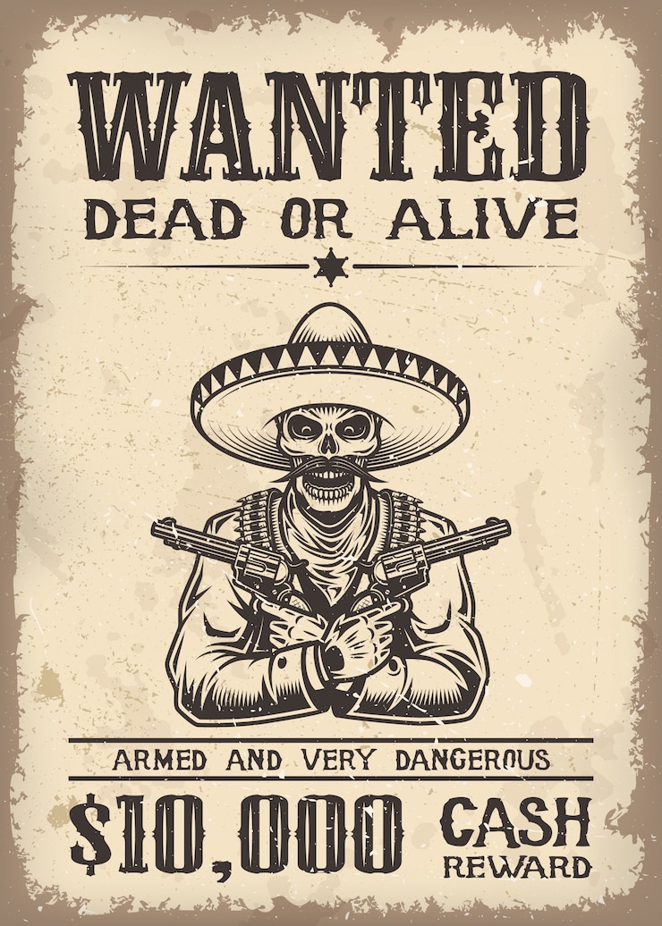 Free Vector vitage wild west wanted poster with old paper texture backgroung