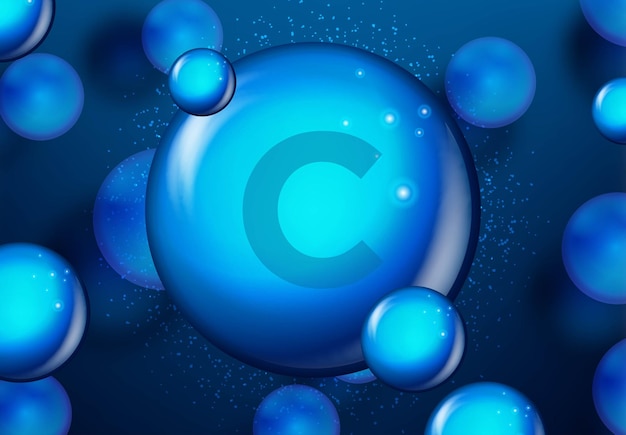 비타민 C 블루 빛나는 알약 캡슐 아이콘 화학식 의료 및 제약 광고 벡터 일러스트와 함께 비타민 복합