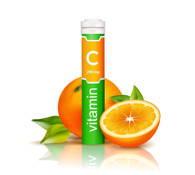 Free vector vitamin c in colorful plastic container and oranges with green leaves on white background 3d