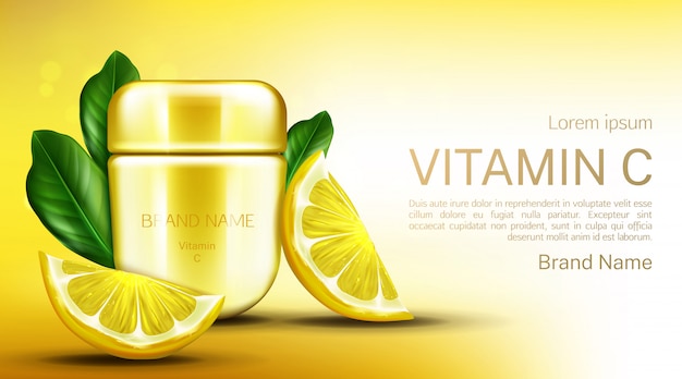 Free vector vitamin c cream jar with lemon slices and leaves