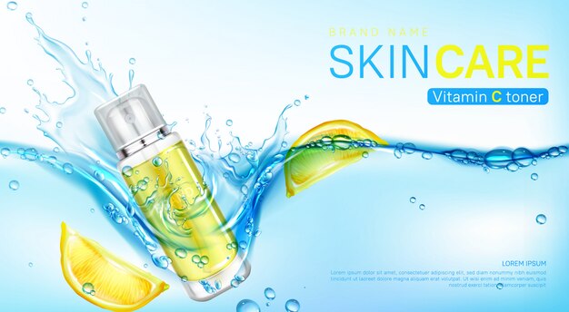 Vitamin toner banner, cosmetics bottle in water