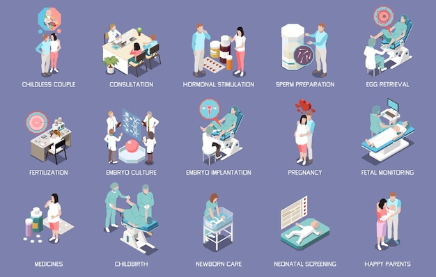 In vitro fertilization set of hormonal stimulation sperm preparation egg retrieval embryo implantation pregnancy childbirth isometric icons vector illustration