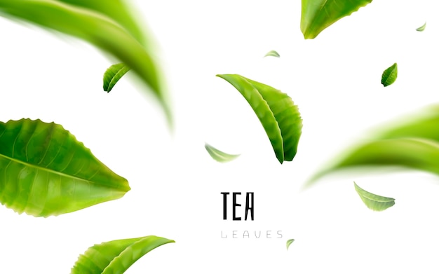 Vividly flying green tea leaves white background 3d illustration