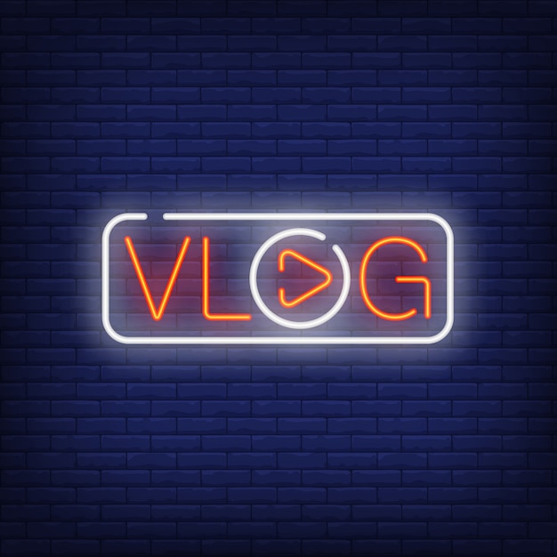 Vettore gratuito insegna al neon vlog. testo luminoso con lettera o in forma di pulsante play.