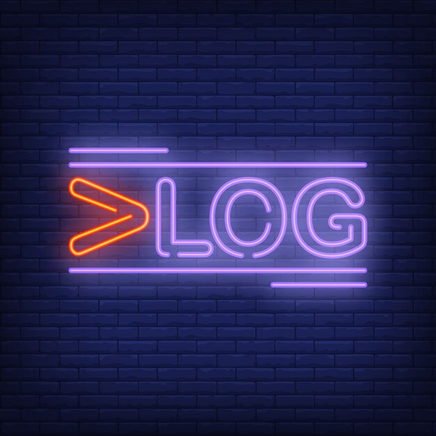 Vlogネオンサイン。創造的な明るいテキスト、最初の赤い文字。夜の明るい広告。